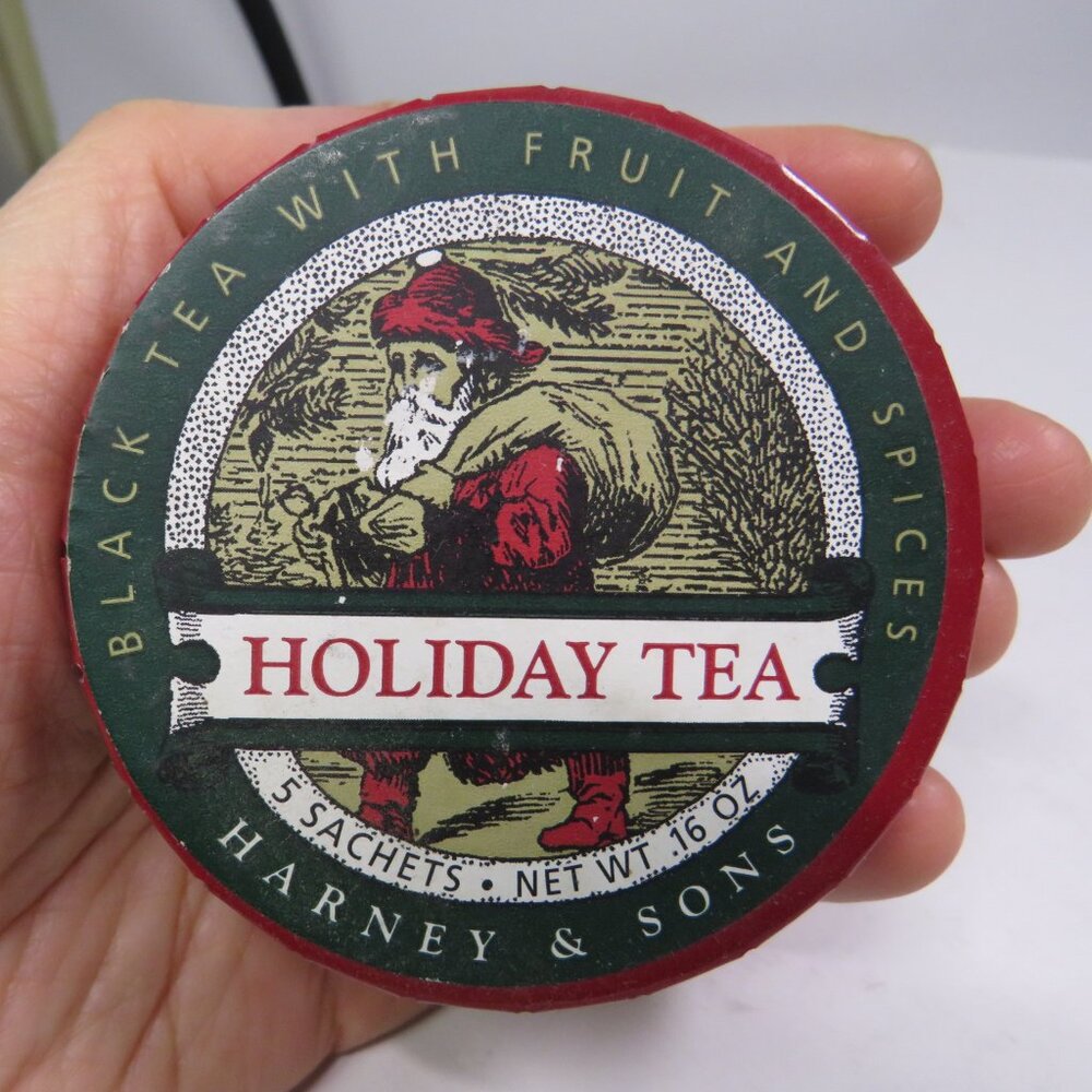 Harney & Sons "TagAlong" tin of their Holiday Tea EMPTY metal Tin Santa Red